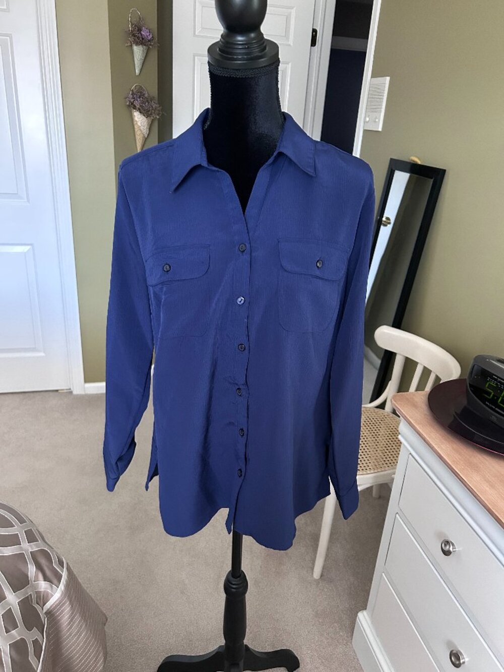 Navy Long Sleeve Button-Up Blouse